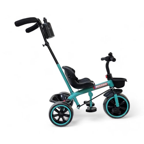 Image of MEKASHI Kids Tricycle for 1-6 Years with Parent Push Handle, EVA Wheels, Safety Guard, Front & Rear Storage Basket, Footrest, Bottle Holder, Sea Green