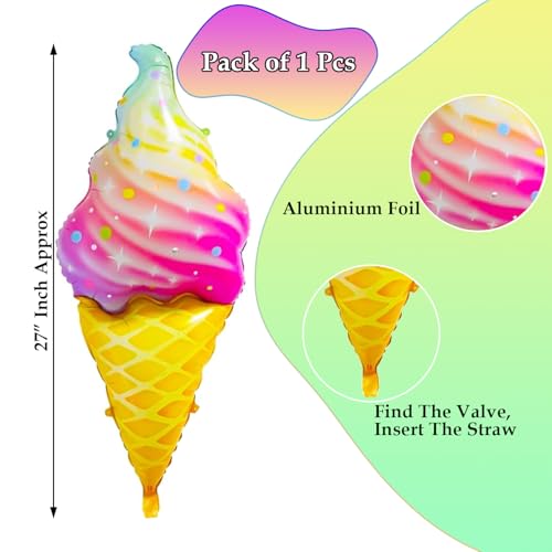 Image of Rozi Decoration Rainbow Ice Cream Shape Foil Balloon 27 Inch for Birthday Parties Decoration, Cone Style Balloon for Kids, Ice Cream Theme Party and Summer Decor (Multicolor Design) Pack of 1 Pcs