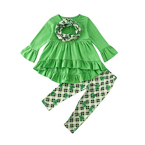 Toddler Baby Girls St Patricks Outfits Ruffle Tunic Dress Shirt Floral Legging Pants Fall Spring Clothes(Four-Leaf Clover, 3-4T)
