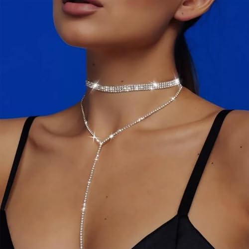 Inateannal Breite Strass Choker Halskette Funkelnde Kristall Tennis Kette Halskette Lange Strass Y Tropfen Halsketten Silber Tennis Y Lariat Kette Hochzeit Schmuck Für Frauen