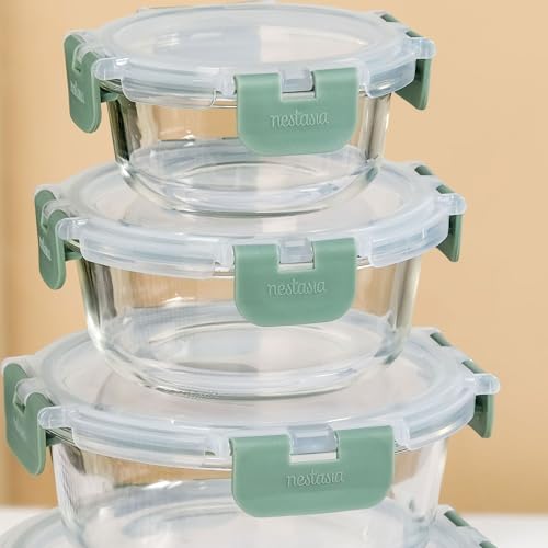 Image of Nestasia Nestro Airtight Glass Containers with Lid Set of 4 (215ml, 400ml, 600ml, 950ml) | Spill Proof Round Glass Containers with Break Free Lock - Microwave, Dishwasher & Freezer Safe (Green)