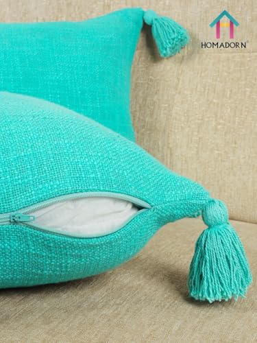 Image of HOMADORN Luxury Cotton Handmade Decorative Boho Throw Pillow Covers with Tassels for Sofa Couch Living Room Indoor Outdoor Chair Car Farmhouse (12X20 INCHES (Rectangle), Turquoise (Pack of 2))