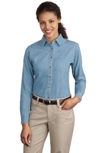 Port & Company Ladies Long Sleeve Value Denim Shirt, XS, Faded Blue