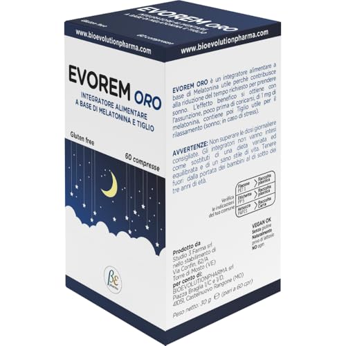 EVOREM ORO - Integratore Alimentare per Addormentarsi più Velocemente e per il Rilassamento, Senza Glutine, Adatto ai Vegani e Naturalmente Privo di Lattosio, Made in Italy, 60 Compresse Masticabili