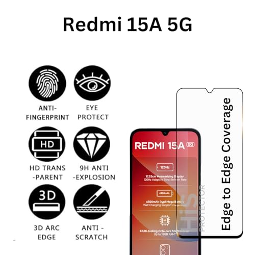 Image of Military Grade compatible with Redmi 15A 5G Tempered Glass [with warranty] screen protector guard Full Edge to Edge 9H Full Glue FHD with Easy Installation kit - Pack of 1 | 6.9 Inch