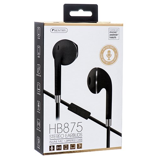 Sentry HB875 Stereo Earbuds, Black, in-LINE MIC, Zippered CASE