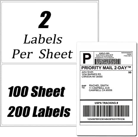 InpourPack 200 Half Sheet Self Adhesive Shipping Labels 100 Sheets, 8.5\" x 5.5\" Address Labels Laser/Ink Jet White Blank (100 sheets-200 Count)