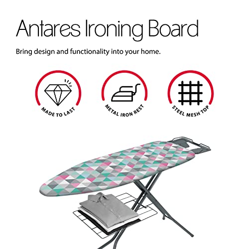 Metaltex Antares Ironing Board - Height Adjustable with Iron Rest and Underboard Linen Shelf- Perfect for Clothes, Bedding, Sheets and Home Essentials - Triangles, 114 x 89 x 38 Centimetres - Image 2