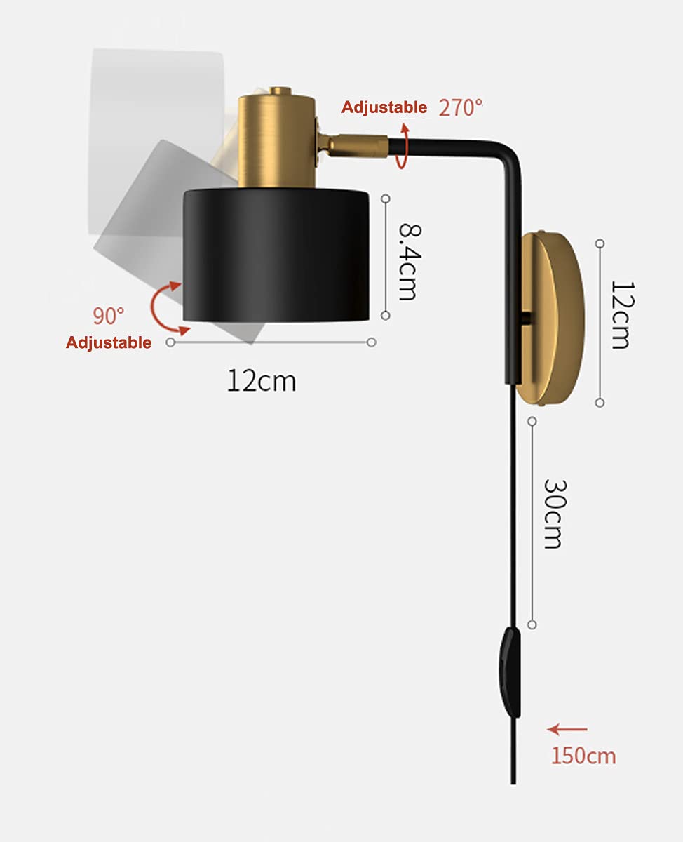 Czarno-złota lampa ścienna LED retro/vintage regulowana przemysłowa metalowa lampa ścienna z wtyczką i włącznikiem/wyłącznikiem, lampka do czytania, oprawa ścienna E27 do sypialni salonu