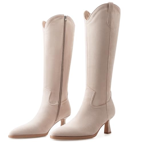 DOBOYG Knee High Boots for Women Kitten Low Heel Pointed Toe Tall Boots Suede Fall Winter Long Boots with Side Zipper