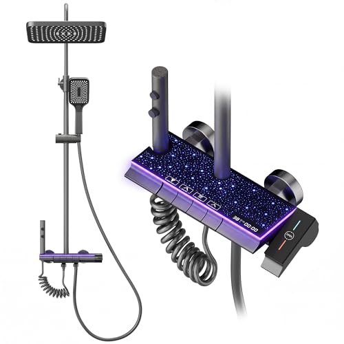 STANEW Colonne de Douche Titane avec Tête Carrée,Colonne de Douche 4 Jets, Affichage LED,Douchette à main avec 3 types de Modes,Hauteur Réglable (Gris (lumière Etoilée))