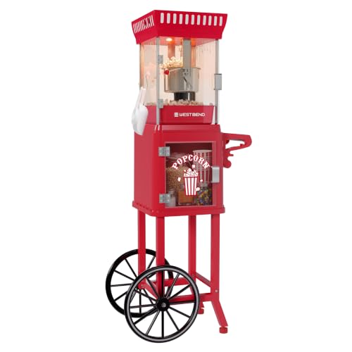 Image of West Bend Popcorn Cart Vintage Theater Style with 2.5 oz Stainless Steel Kettle, Removable Serving Tray, Built-In Storage, Portable Design, 10 Cup Capacity, in Red /Silver
