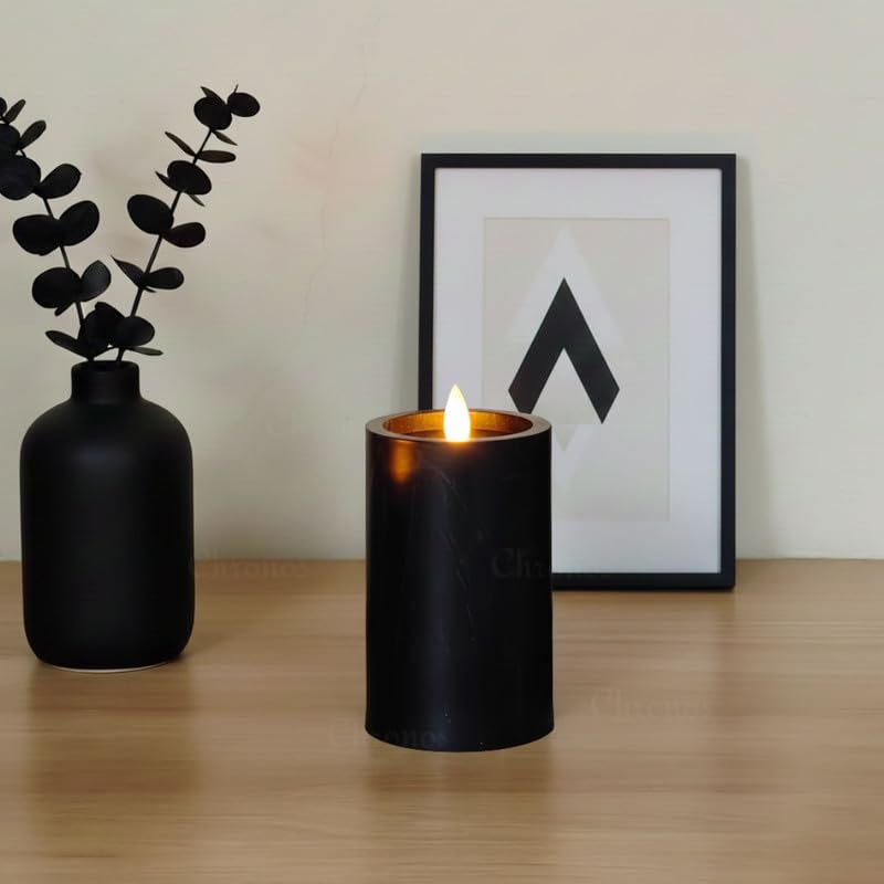 Chronos Marble Noir LED Moving Wick Pillar Candle for Home Decor | 5 Inch | Flameless Black Marble Finish Decorative Candle | Warm Light Battery Operated | Safe Smokeless Candle for Diwali Wedding-image-33
