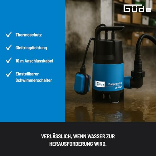 Güde Schmutzwassertauchpumpe GS 4002 P (400 W, 7500 l/h, Förderhöhe max 5 m, Eintauchtiefe max 4 m, Noryllaufrad, 10 m Anschlusskabel, variabel einstellbarer Schwimmerschalter, Thermoschutz)