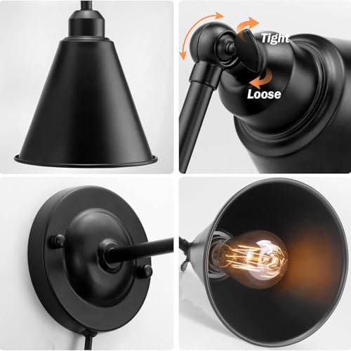 Apliques de pared industrial E27 con cable enchufe interruptor interior lámpara negra 2 pack 2