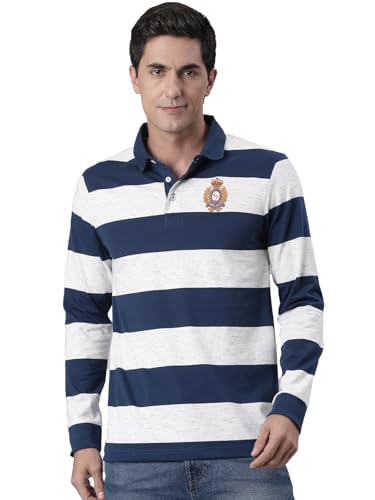 Image of Classic Polo Men's Full Sleeve Navy /Off-White Polo Neck Slim Fit Colorblock Cotton T-Shirt