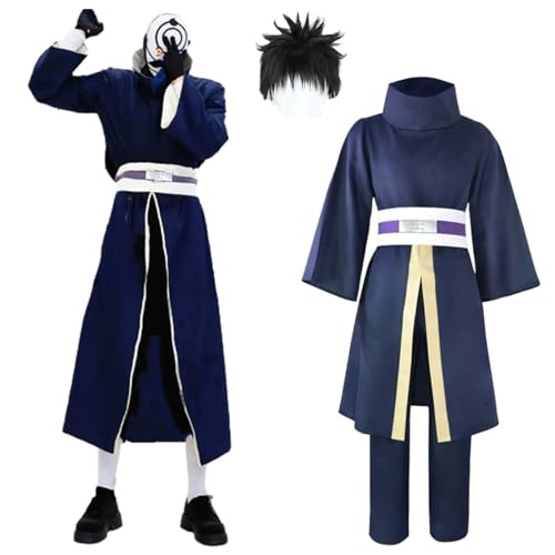 Wigbiu Anime Personaje Uchiha Obito Disfraz de Cosplay para Niños Adultos Kimono Capa Traje con Peluca Máscara Accesorios Uniforme Genial Halloween Navidad Carnaval Traje (L)