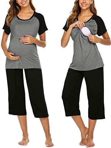 Ekouaer Maternity Capri Pants Soft and Comfy Loungewear 2 Pieces Nursing Pajamas Set (Grey XXL)