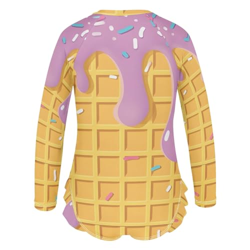 Pink Cream Waffle Girls Long Sleeve Swimsuit Rash Guard One Piece Bathing Suits Zipper 3-12T3