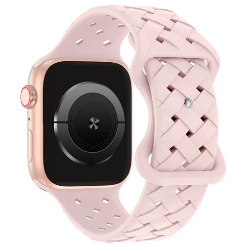 Image of Silicone Braided Weave Bands Compatible with Apple Watch 38mm 40mm 41mm 42mm 44mm 46mm 45mm 49mm, Replacement Sport Breathable Strap for iWatch Series 11 /10 /9 /8 /7 /6 /5 /4 /3 /2 /1 Ultra SE, Light Pink