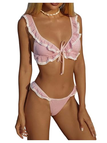 Milumia Women's 2 Piece Bikini Set Ruffle Trim Waffle Knit Tie Front Deep V Neck Swimsuit