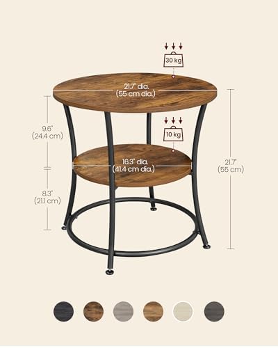 VASAGLE 2 Tier Round Side Table, Steel Frame Nightstand for Small Spaces, Living Room, Bedroom, Rustic Coffee and Black Ink