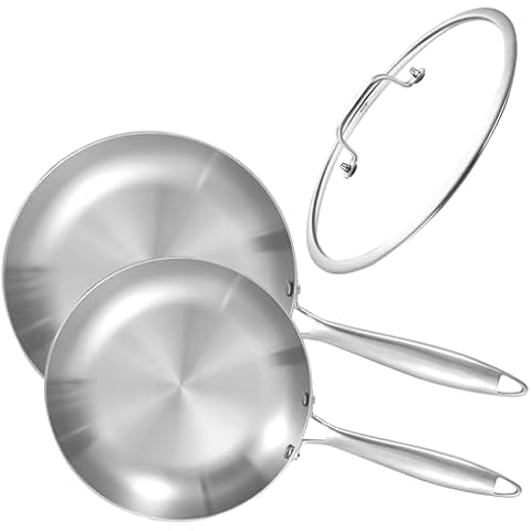 LOLYKITCH 8.5-10 Inch Tri-ply Stainless Steel Frying Pan Set with Lid,Skillets,Induction Chef's Cooking Pan,Pots and Pans Set,Dishwasher and Oven Safe,10 Inch Pan with Lid. Cover