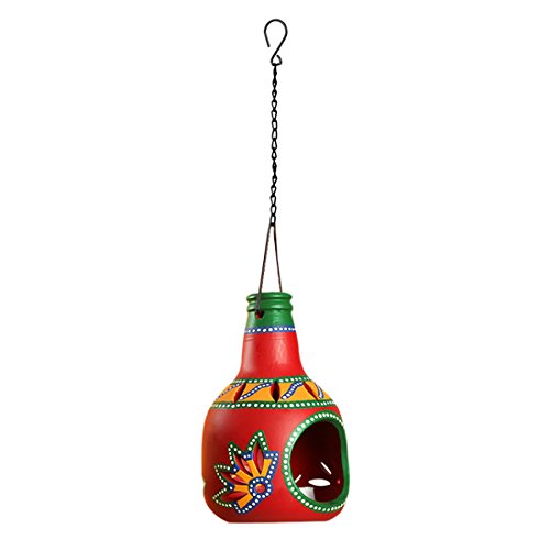 Image of ExclusiveLane 'The Earthern Bottle' Terracotta Hanging Tea Light Holder (Set of 1, Red, Hand-Painted) | Decorative Tea Lights Holder Hanging Votive Candle Holder Tea Light Candle Holders