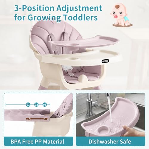 Image of 9-in-1 Convertible Baby High Chair for 6 Months to 8 Years, Grow-with-Me Highchair for Toddlers and Infants with 5-Point Safety Harness, Lockable Wheels, Adjustable Removable Tray, BPA-Free (Pink)