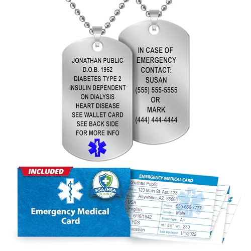 Medical Alert Necklace for Men – Customizable Stainless Steel ID Dog Tag, Laser Engraved Text - 18 Lines, 27” Beaded Chain Necklace, Medic Card & Personal Health Record Access – Blue Star of Life