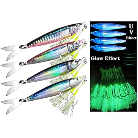 Feianoto Long Casting Slow Pitch Jig Lure Fishing UV Glow Jigs Metal Spoons 3D Print Falling Angler Metal Hard Bait Sinking Jigging Pesca Bait with Glow Hooks (2.8oz/80g, 4 pcs) Cover