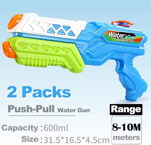 2 Pack Wasserpistole Kinder, Wasserpistole Große Reichweite mit 8–10 m Spritzweite, Wasserspritzpistole 600ml, Water Gun für Strände, Gärten, Pools, Sommerfeste Water Guns