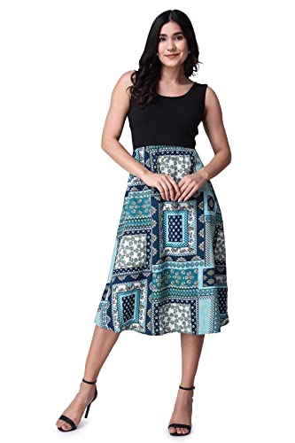 Image of POPWINGS Casual Boho Printed and Solid Peplum Dress for Women || Summer Dresses for Women || Sleeveless Women Dresses || Round-Neck Knee-Length Fit and Flare Stylish Dresses for Women