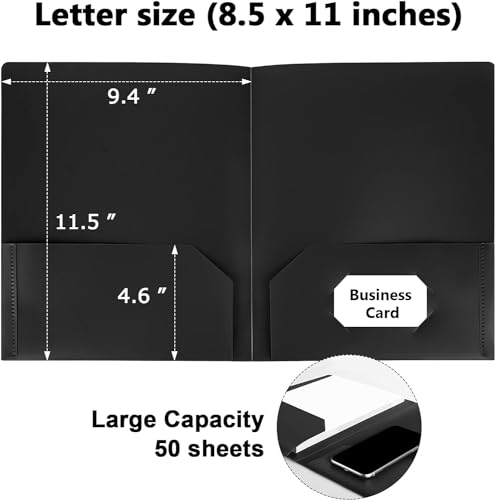 HABGP12 Pack Black File Folders with Pockets and Business Card Slot, Letter Size Plastic 2 Pocket Folders for Documents, Office Filing Cabinet Folders, School Supplies for College Students