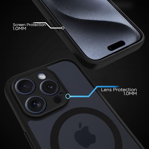 Image of RIGGEAR Shockproof Sleek Hybrid Armor Upgraded C-Shaped Magnetic Back Cover Case Compatible with MagSafe Accessories for iPhone 15 Pro (Smoke Black Matte PC + Black TPU Bumper)