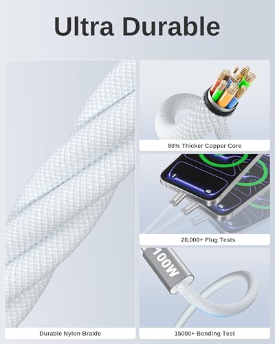 Image of USB C to USB C Cable, 10ft, 100W PD 5A Fast Charging Cord, Aluminum Connector & Nylon Braided Type C Charger Cord for iPhone 17 /16 /15, MacBook Air /Pro, iPad Pro, Samsung S25 /S24 /S23, Pixel 10(White)