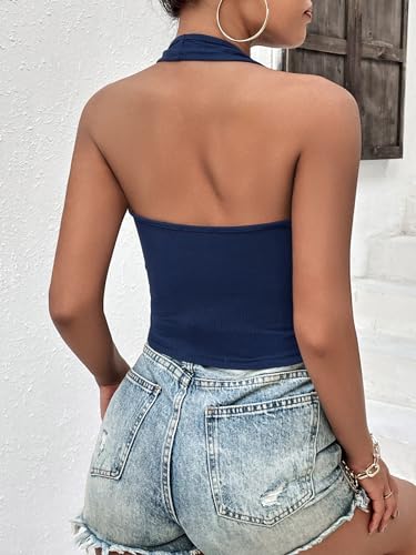 Image of Ekouaer Women Halter Top Backless Scroop Neck Slim Stretchy Ribbed Knit Camisole Crop Tops S-XXL