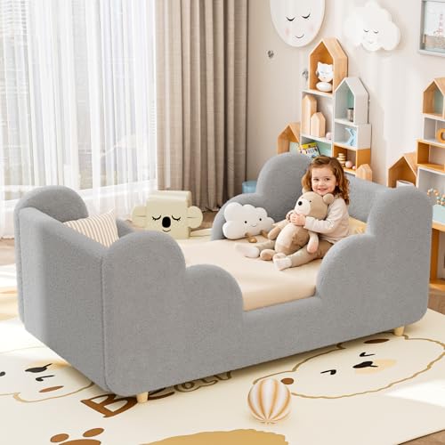 Meulbaty Toddler Bed Frame with Safety Guardrails, Grey