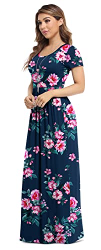 VIISHOW Women's Short Sleeve Floral Dress Loose Plain Maxi Dresses Casual Long Dresses with Pockets(Floral Navy Blue M)