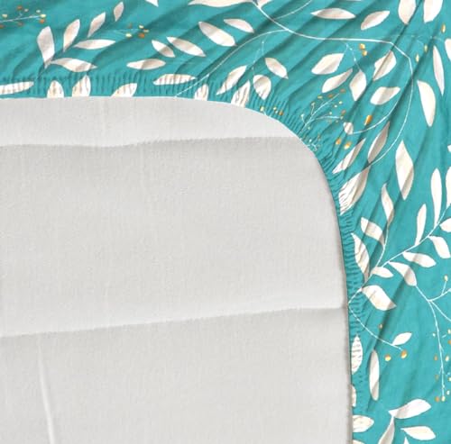 Image of NHD HOME Premium Cotton 220 TC Elastic Fitted Leafs Bedsheets with 2 Pillow Covers | Double /King Bed with All Around Elastic Wrinklefree Supersoft Breathable |Size-78 x72+10 inches | Sky Blue & White