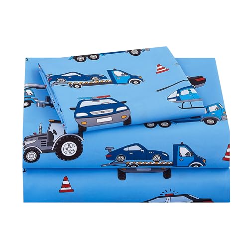 Image of Viviland 3 Pieces Boys Police Car Twin Sheet Set - Soft Microfiber Fitted Flat Sheets & Pillowcase Bed Sheet Set - Blue Airplane Print Bedding Sets for Kids