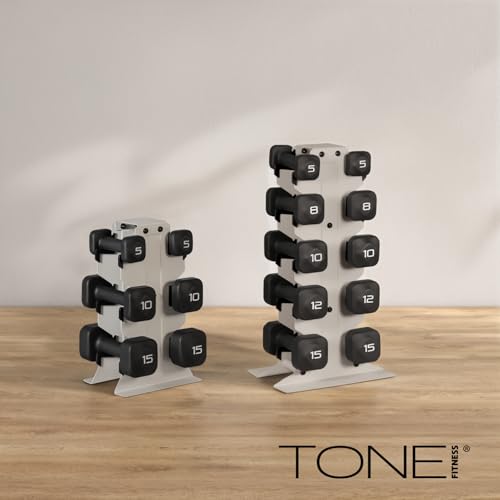 Image of Tone Fitness Neoprene Dumbbell Set with Storage Rack - Non-Slip, Anti-Roll Hand Weights for Home Gym Workouts | 20 lb, 32 lb, 50 lb, 60 lb & 100 lb Options