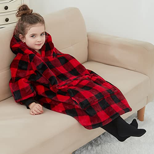 Image of KFUBUO Wearable Blanket Hoodie for Kids Toddlers Sherpa Blanket Sweatshirt With Pocket Cute Hoodies 2-6 Year Old Girl Boy Red Plaid