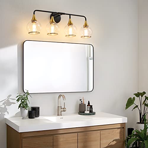 Image of Black and Gold Bathroom Vanity Light 4-Light Bathroom Vanity Light Fixtures Over Mirror with Clear Glass Shade 30.7 inch Wall Sconce Lighting Bath(Exclude E26 Bulb)