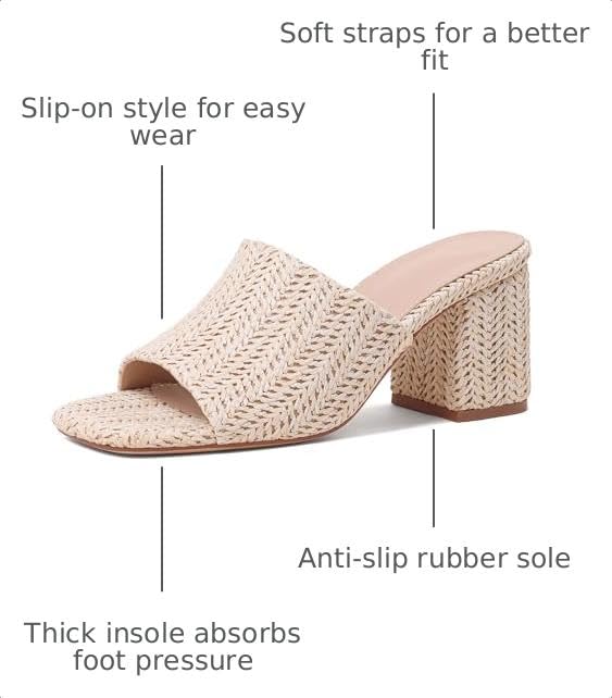 Image of Ancomafio Heeled Sandals for Women,Raffia Sandals 2026 Chunky Heels Square Toe Mules Block Summer Shoes Slip On