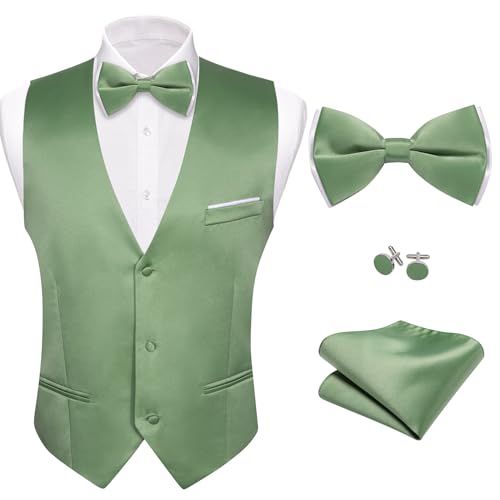 Image of Barry.Wang Mens Suit Vest Bow Tie Set 4PCS Formal V-neck Slim Fit Casual Solid Color Waistcoat Wedding Party Tuxedo