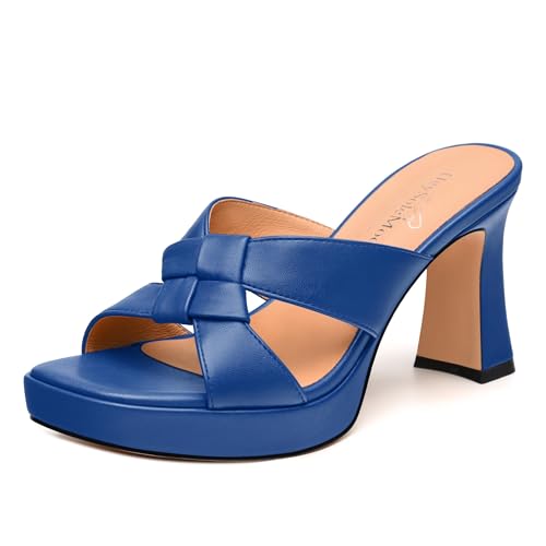 Womens Platform Sandals, Block High Heel Open Toe Slip-on Sandals for Women, Woven Straps Heeled Slippers with Leather Insole 3.3