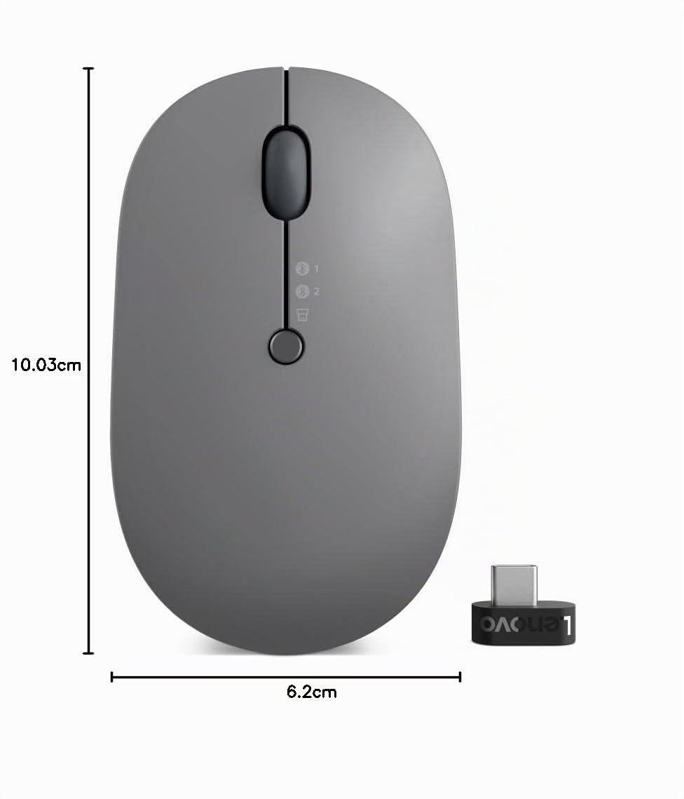 Lenovo Go Ratón Inalámbrico Multidispositivo (hasta 3 Dispositivos Emparejados, Sensor Óptico Azul, 3 Botones, Rueda de Desplazamiento, USB-C) - Color Gris Tormenta