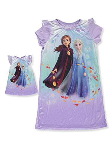 AME Sleepwear Girls' Frozen II Elsa and Anna Nightgown with Matching Doll Gown (10) Purple
