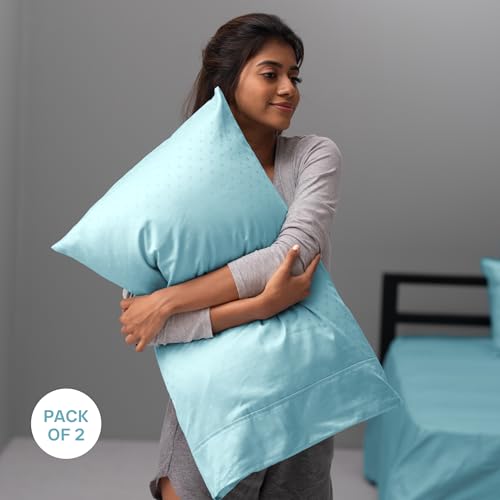 Image of Blue Dahlia 100% Cotton, Standard Size Pillow Covers (18 inch x 28 inch), Set of 2 Pillow Covers, Silky Smooth Feel, 300TC Dotted Premium Pillow Covers, Colour: Sky Blue